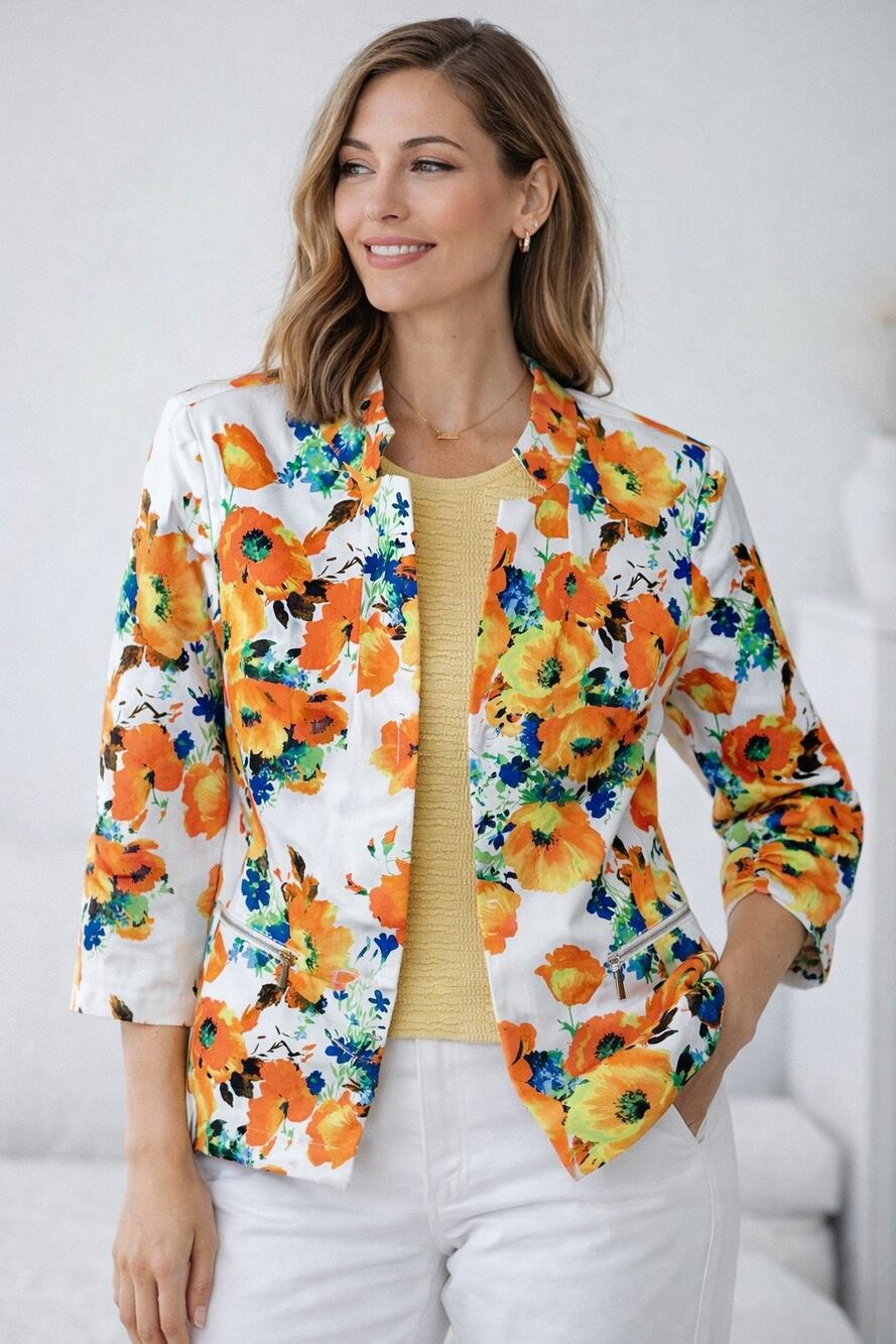 St. John Floral Jacket Blazer, Bright White/Citron Multi, Size 2